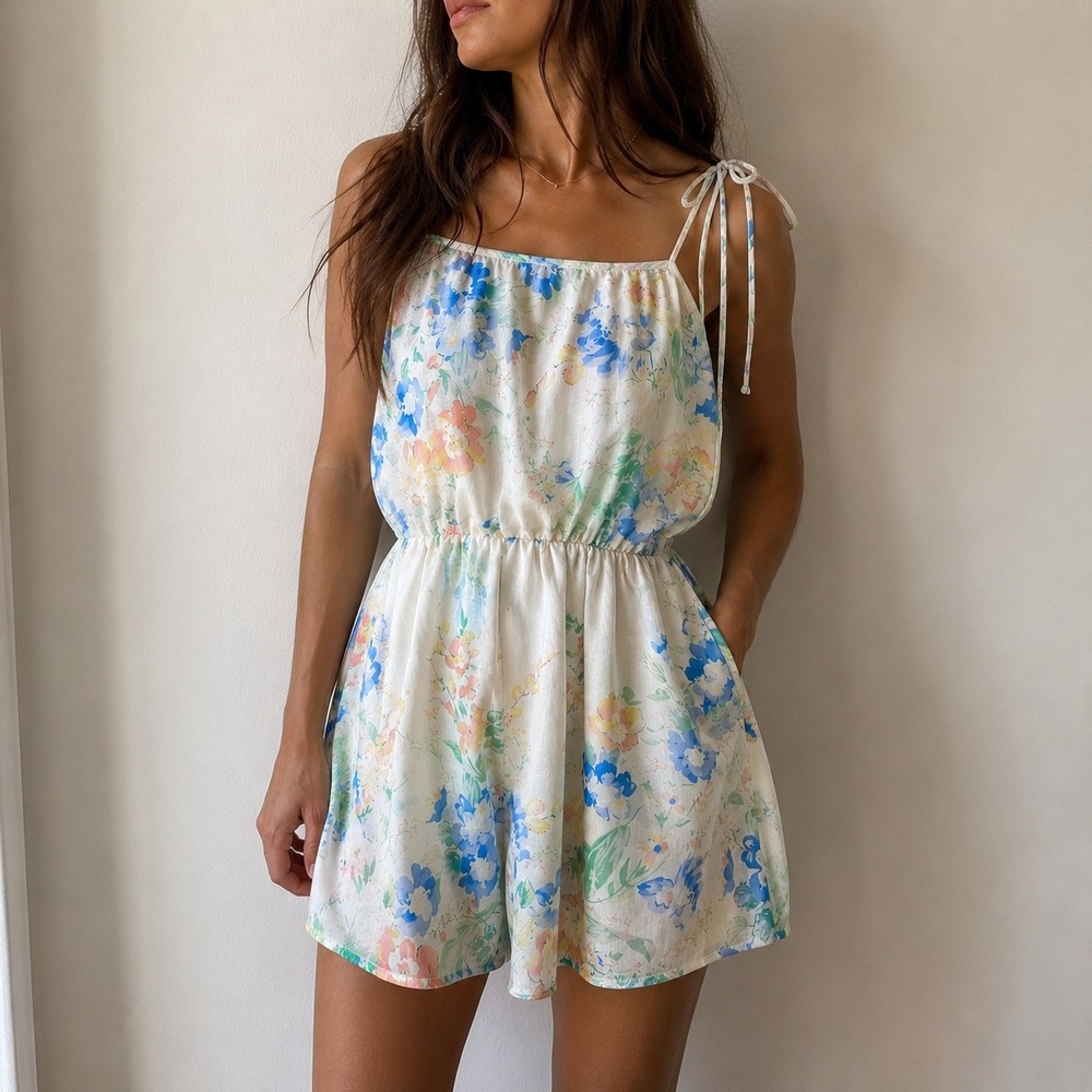En Saison White Julie Romper‎ Floral Smocked Back Size M Cottagecore Boho